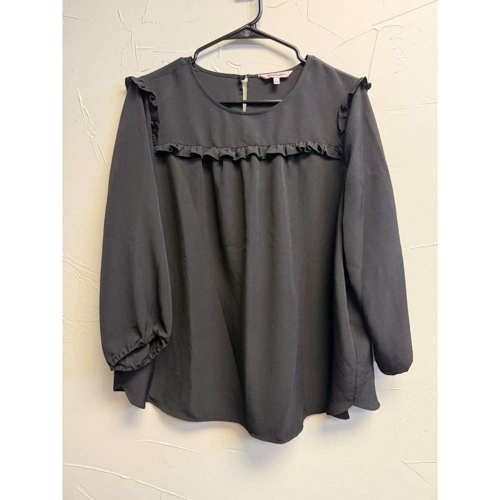 Juicy Couture Women's Black Solid Woven Blouse 3/4 Sleeve Round Neck Ruffle M